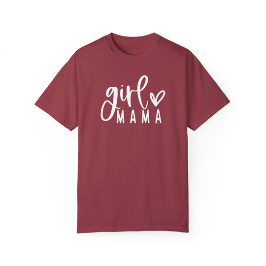 A relaxed fit Girl Mama Tee in red with white text. 100% ring-spun cotton, garment-dyed for coziness. Double-needle stitching for durability, no side-seams for shape retention. Ideal for daily wear.