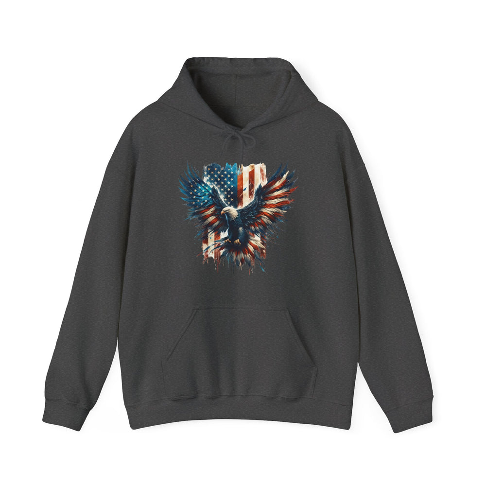 A grey American Eagle hoodie, a blend of cotton and polyester, featuring a striking eagle and flag design. Unisex, heavy fabric, kangaroo pocket, and drawstring hood. Perfect for warmth and style.