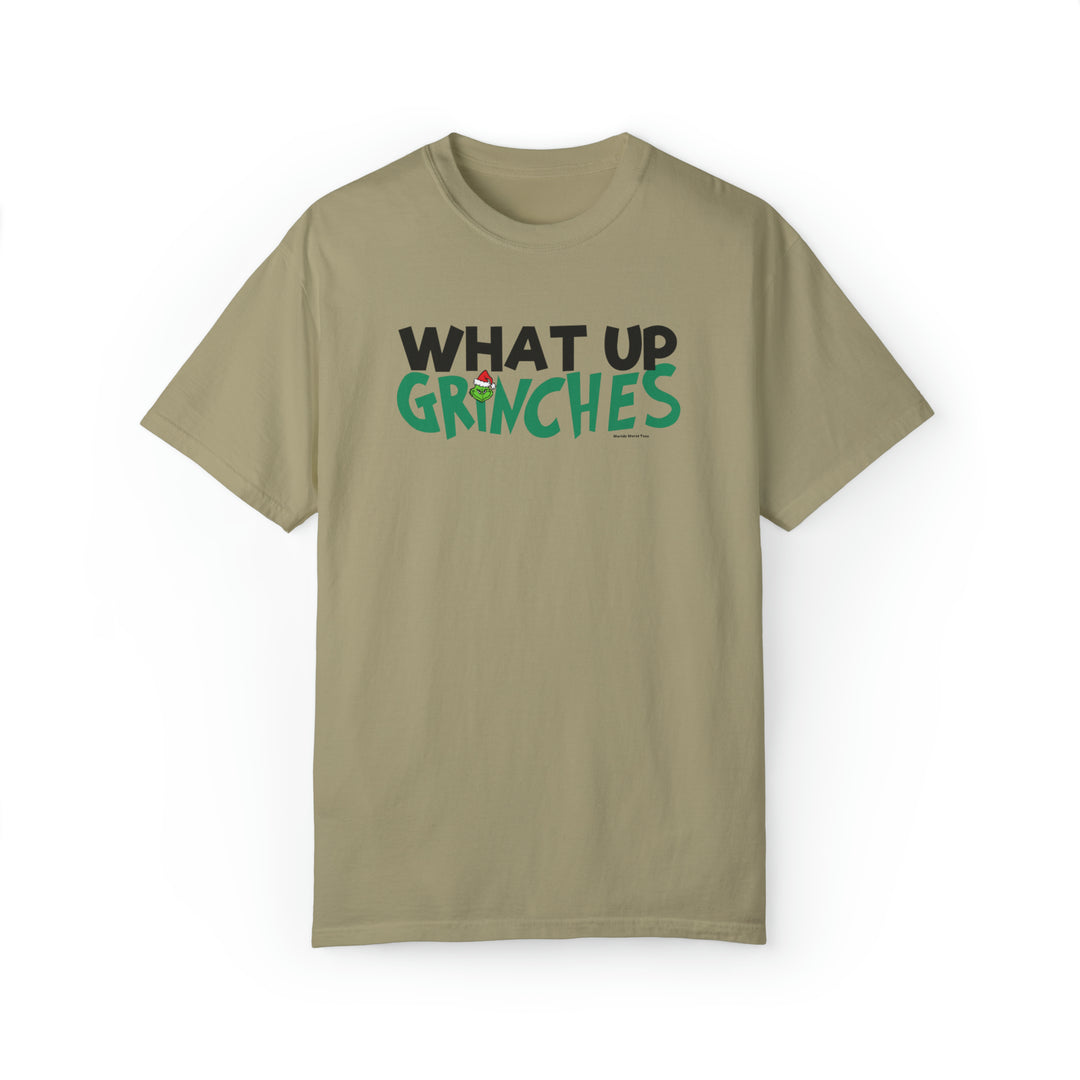 Unisex tan t-shirt with bold What up Grinches graphic design. Made of 80% ring-spun cotton, 20% polyester blend for luxurious comfort. Relaxed fit, rolled-forward shoulder, and back neck patch detail.