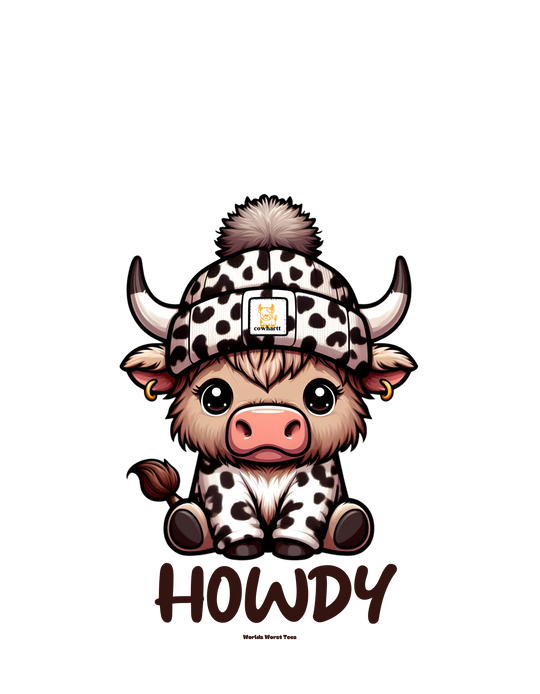 A Howdy Toddler Tee featuring a cartoon cow in a hat. Soft 100% combed ringspun cotton, light fabric, classic fit. Available in sizes 2T to 5-6T. Durable print, tear-away label.