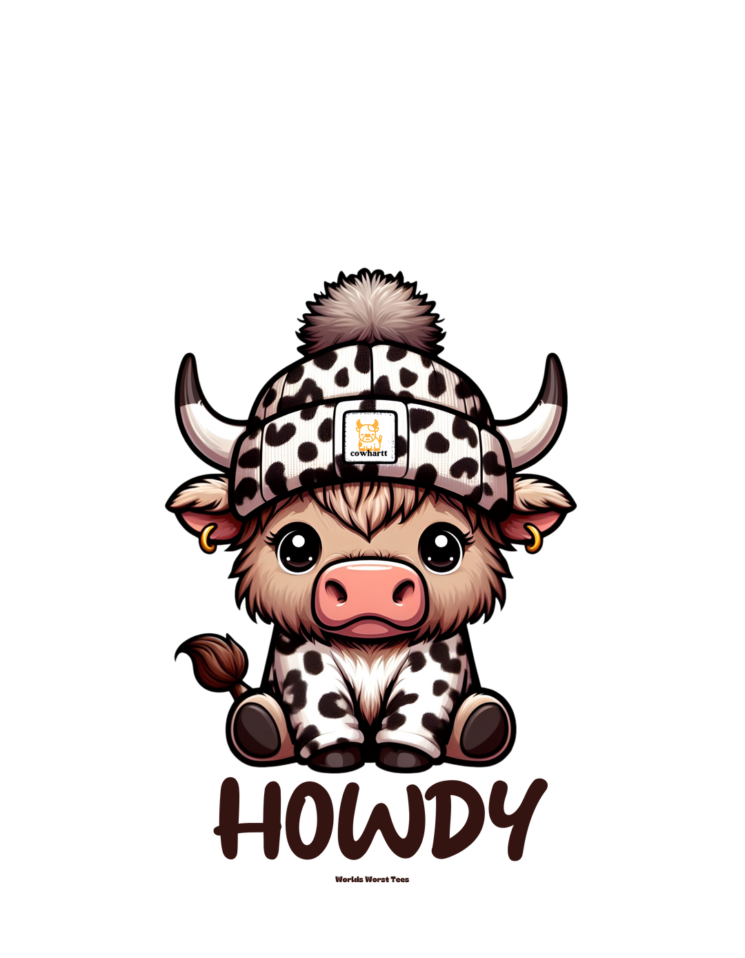 A playful cartoon cow in a hat, part of the Howdy Kids Tee collection by Worlds Worst Tees. Made of soft combed cotton, perfect for active kids. Classic fit, light fabric.
