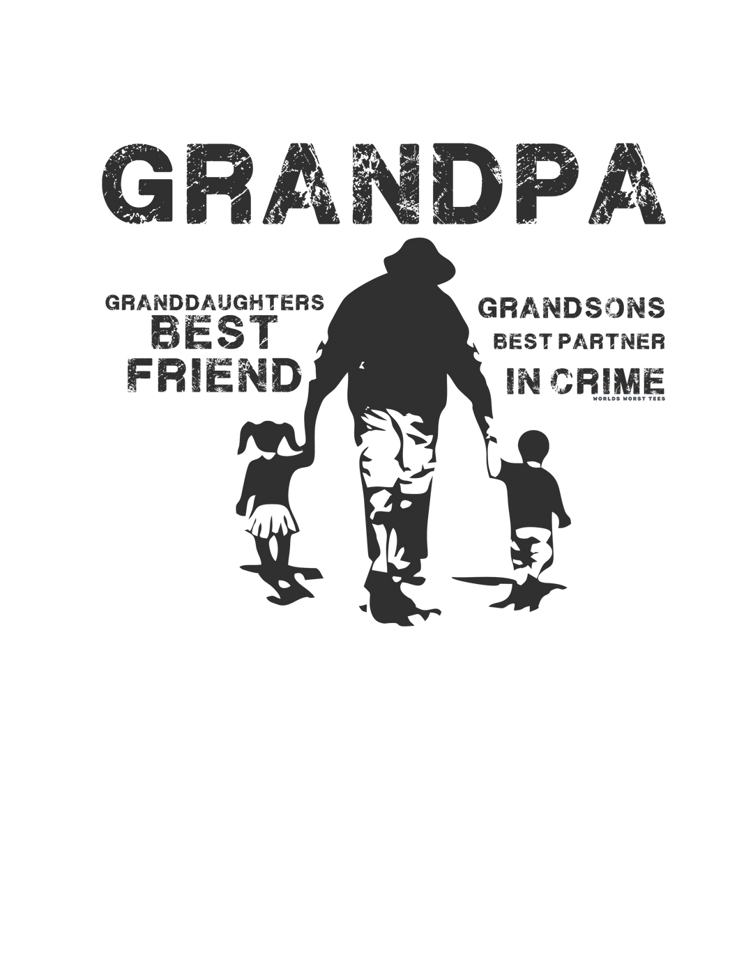 A black and white graphic design featuring a man and children holding hands, ideal for a Grandpa and Grandkids Hoodie at Worlds Worst Tees. Unisex heavy blend fabric with kangaroo pocket, cotton-polyester mix, and classic fit.