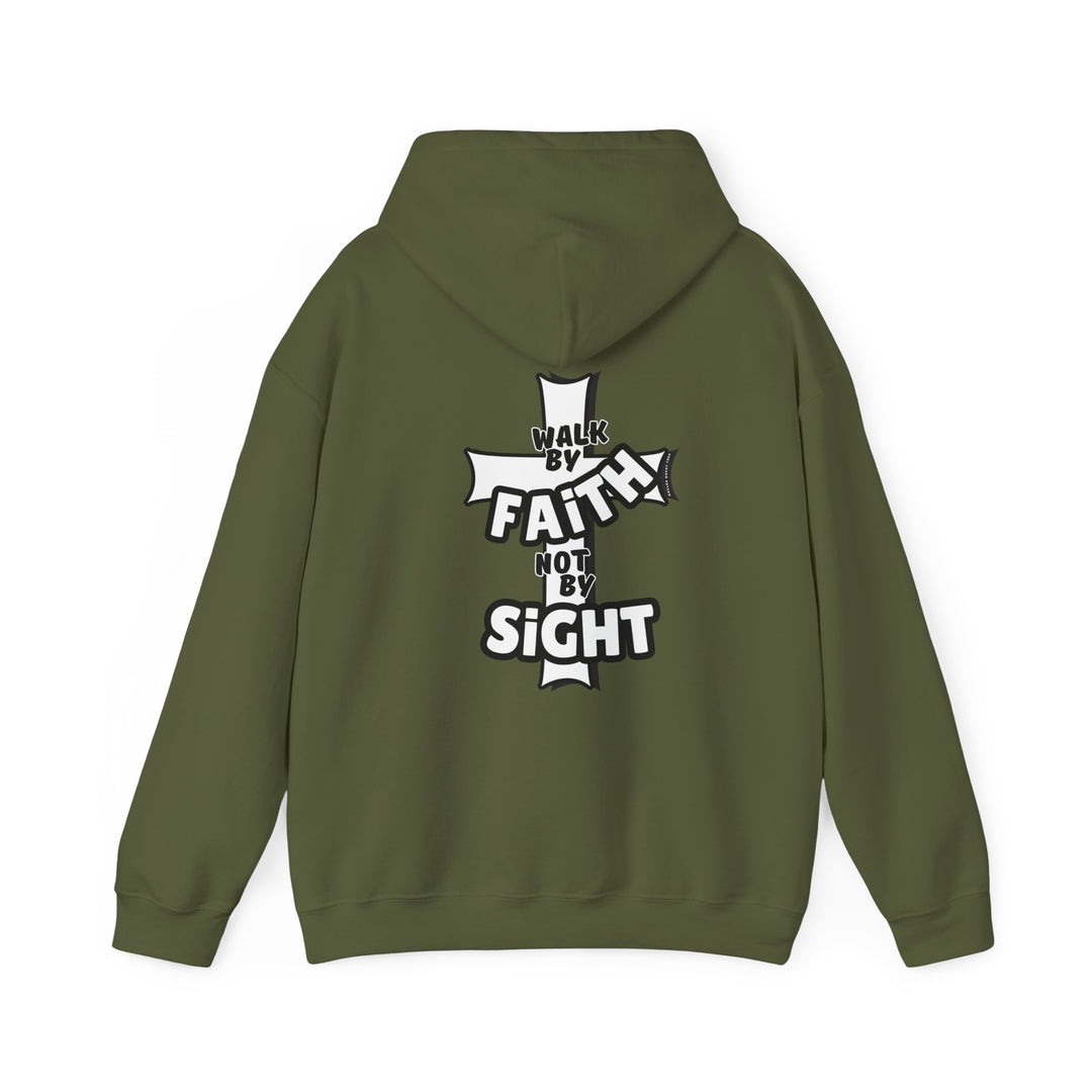 A green hooded sweatshirt with white text, featuring a religious message Walk By Faith Not By Sight. Unisex, heavy blend fabric of cotton and polyester, kangaroo pocket, and drawstring hood. Classic fit, tear-away label, medium-heavy fabric.