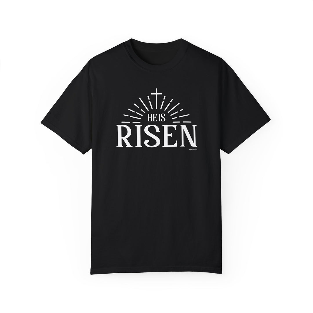 Relaxed fit He is Risen Tee, 100% ring-spun cotton. Garment-dyed for coziness, double-needle stitching for durability, no side-seams for shape retention. Ideal daily wear from Worlds Worst Tees.