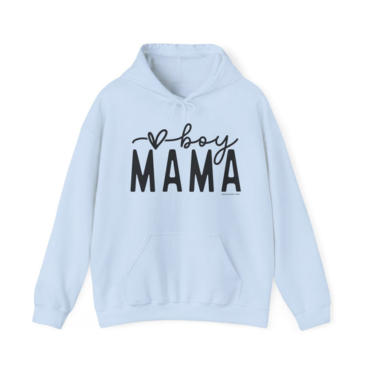 A Boy Mama Hoodie, a light blue sweatshirt with black text, featuring a kangaroo pocket and matching drawstring. Unisex, cozy blend of cotton and polyester, ideal for chilly days.