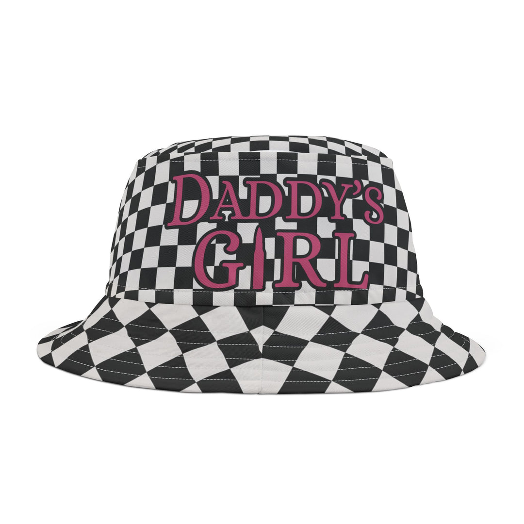 Daddy's Girl Bucket Hat with pink text, featuring a black and white pattern. Available in two sizes, this trendy fashion accessory is 100% polyester.