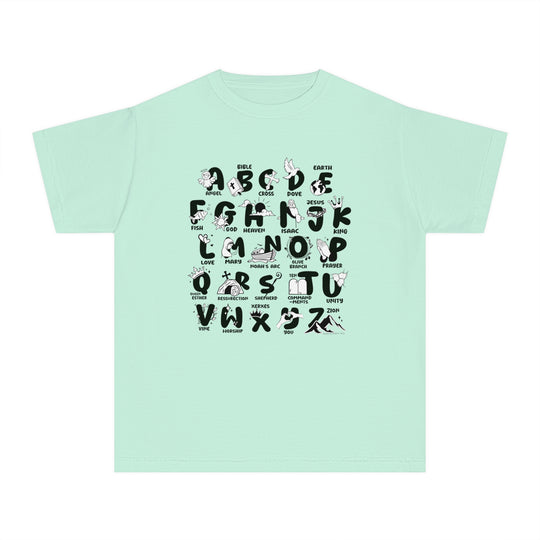 Kid's tee shirt featuring a green design with black and white letters, ideal for active days. Made of 100% combed ringspun cotton for comfort and agility. Classic fit for all-day wear.