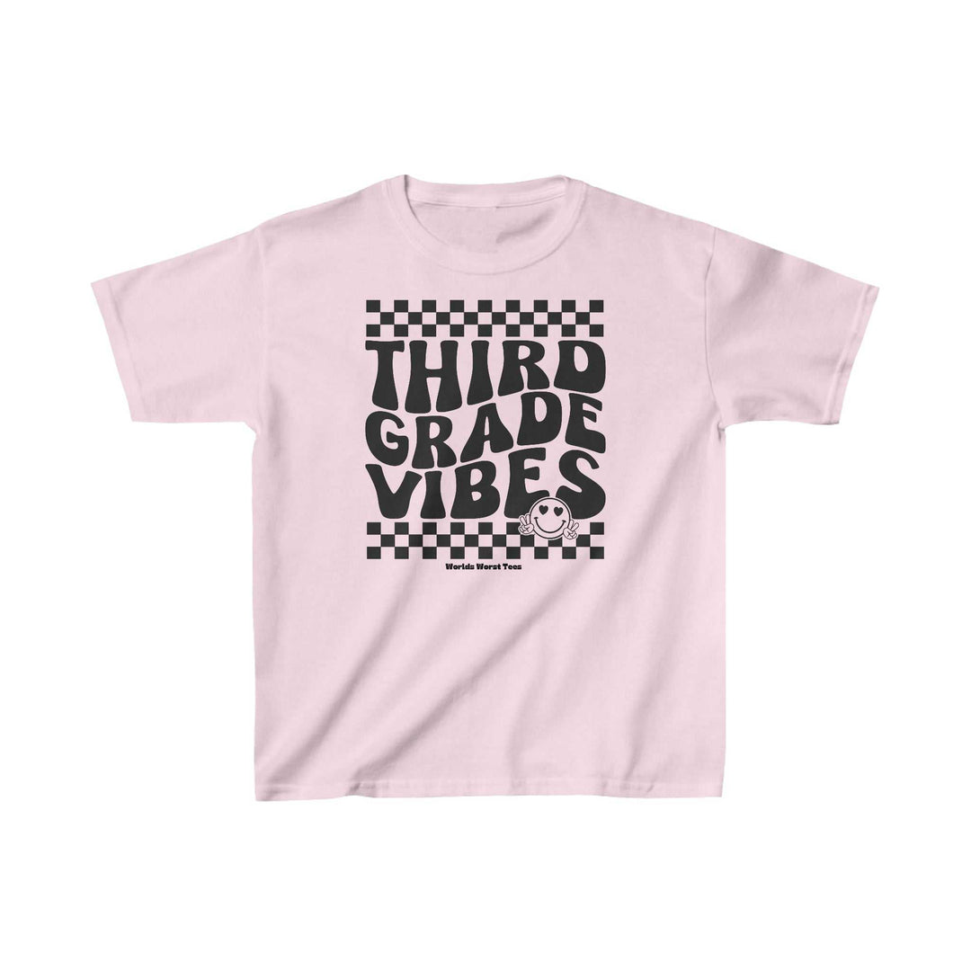 A kids' tee featuring 3rd Grade Vibes text. Made of 100% cotton, perfect for printing. Durable twill tape shoulders, curl-resistant collar, no side seams. Classic fit, tear-away label, runs true to size.