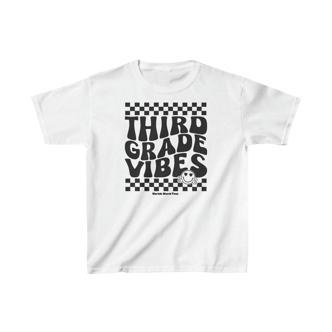 A white kids tee with black text, featuring 3rd Grade Vibes design. Made of 100% cotton, light fabric, classic fit, tear-away label, no side seams. Ideal for everyday wear.
