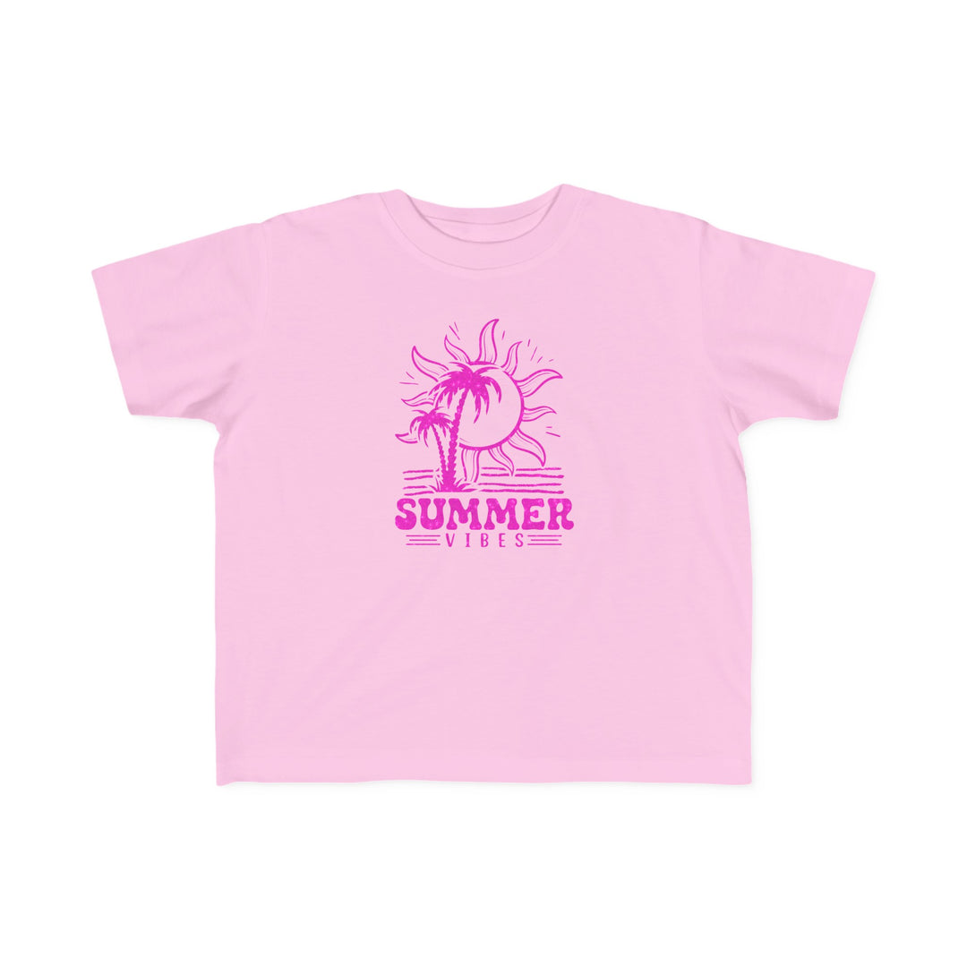 Summer Vibes Toddler Tee featuring a pink shirt with a sun and palm trees design. Made of 100% combed ringspun cotton, light fabric, tear-away label, and a classic fit. Ideal for toddlers with sensitive skin.
