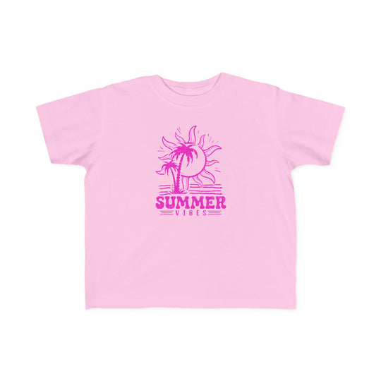Summer Vibes Toddler Tee featuring a pink shirt with a sun and palm trees design. Made of 100% combed ringspun cotton, light fabric, tear-away label, and a classic fit. Ideal for toddlers with sensitive skin.