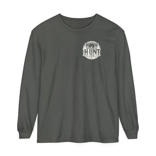 A Turkey Hunting Long Sleeve T-Shirt in grey, featuring a deer and trees logo. Made of 100% ring-spun cotton with garment-dyed fabric for a relaxed fit. Perfect for casual comfort.