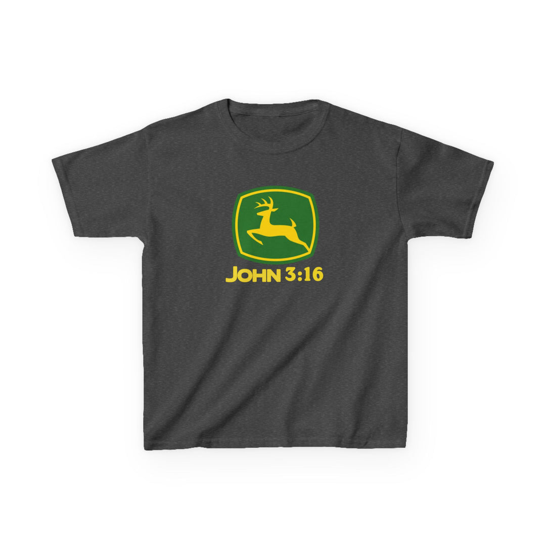 Dark-gray John 3:16 Kids Tee featuring a playful twist on the John Deere logo with a yellow deer in a green shield, perfect for everyday wear.