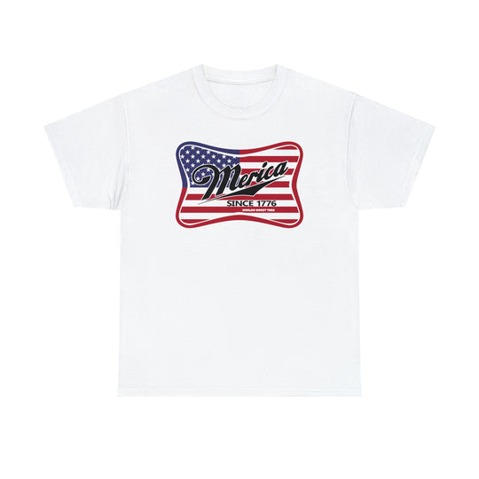 A classic Merica Tee featuring a flag design on a white shirt. Unisex heavy cotton tee with no side seams, tape on shoulders for durability, and ribbed knit collar. Ideal for casual fashion.