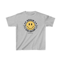 Hello 6th Grade Kids Tee: Grey t-shirt with yellow smiley face, peace signs, and cartoon hand making a peace sign. 100% cotton, light fabric, classic fit, tear-away label.