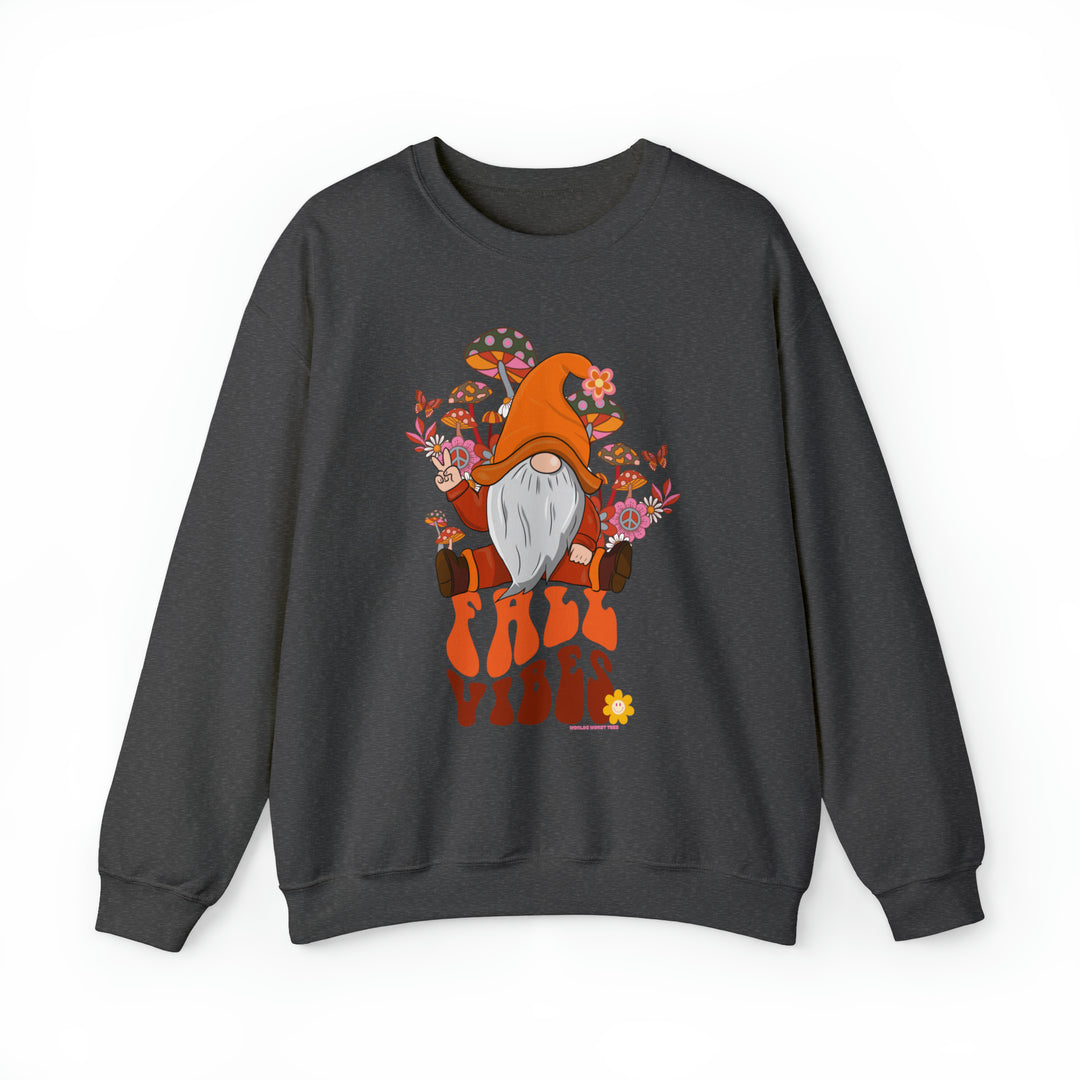 A cozy Fall Vibes Crew sweatshirt featuring a cartoon gnome, ideal for all occasions. Unisex, heavy blend fabric with ribbed knit collar, loose fit, and no itchy side seams. Sizes S to 5XL.