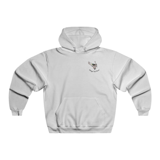 A white hoodie with a logo, JERZEES NuBlend® blend of cotton and polyester, pre-shrunk, front pouch pocket, medium-heavy fabric, loose fit, smooth printing surface.