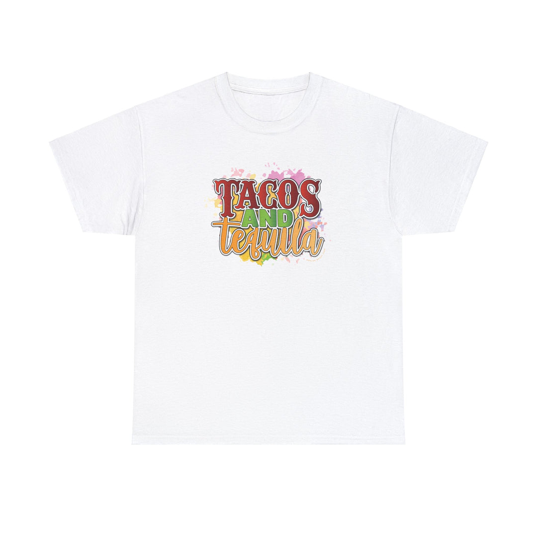 Unisex Tacos and Tequila Tee: A white shirt with colorful text and logo, made of 100% US cotton. Classic fit, tear-away label, and ethically sourced. Ideal for casual fashion.