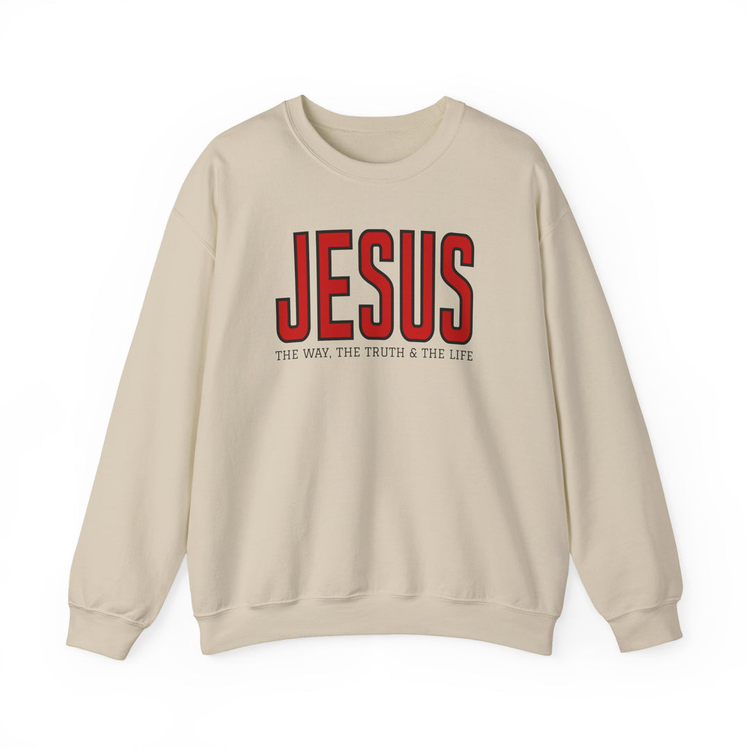 Cream-colored crewneck sweatshirt with bold red JESUS text, black outline, and THE WAY, THE TRUTH & THE LIFE beneath, offering comfort and durability.