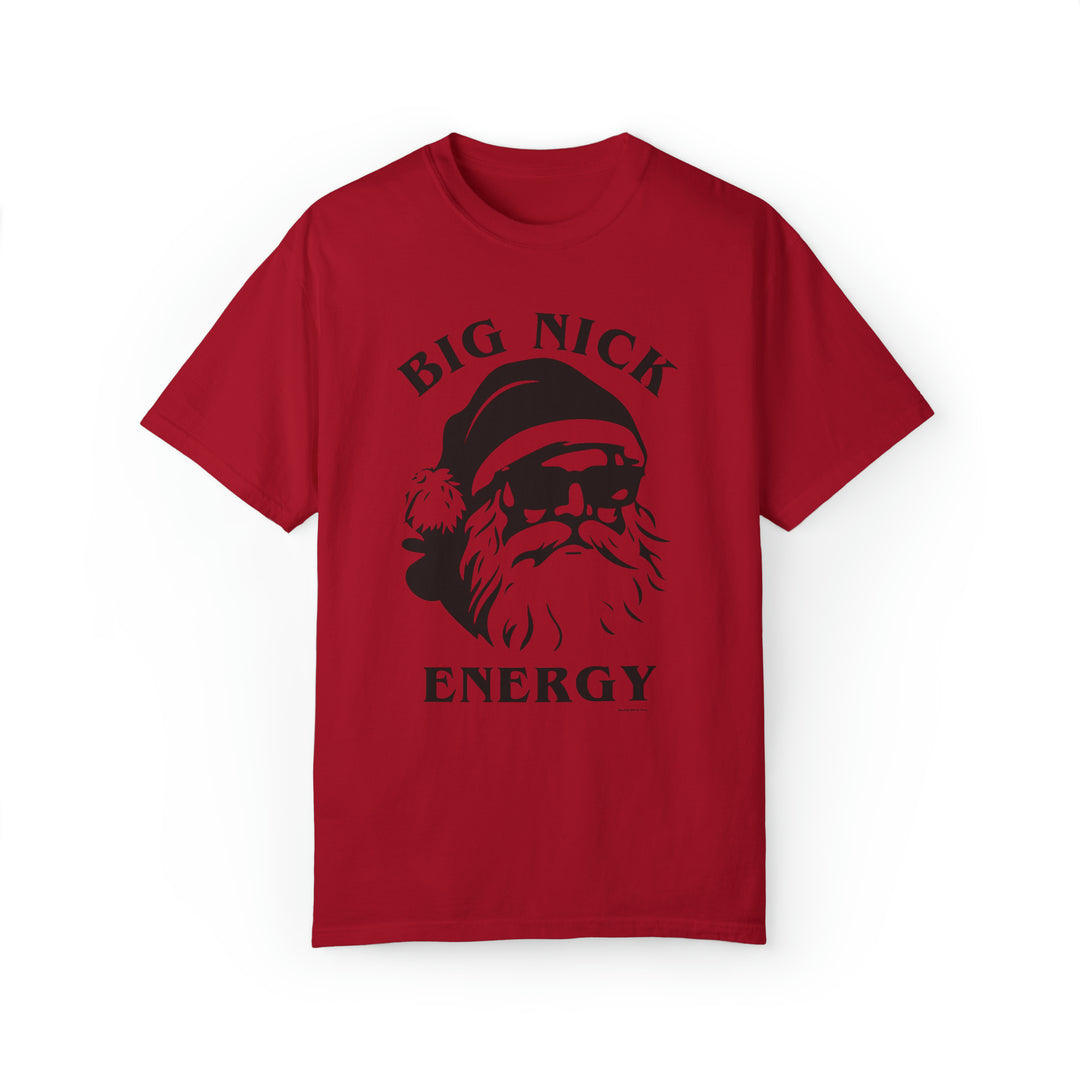 Unisex Big Nick Energy Tee: Red shirt featuring Santa Claus face. 80% ring-spun cotton, 20% polyester, relaxed fit, rolled-forward shoulder, back neck patch. Medium-heavy fabric. Sizes S-4XL.