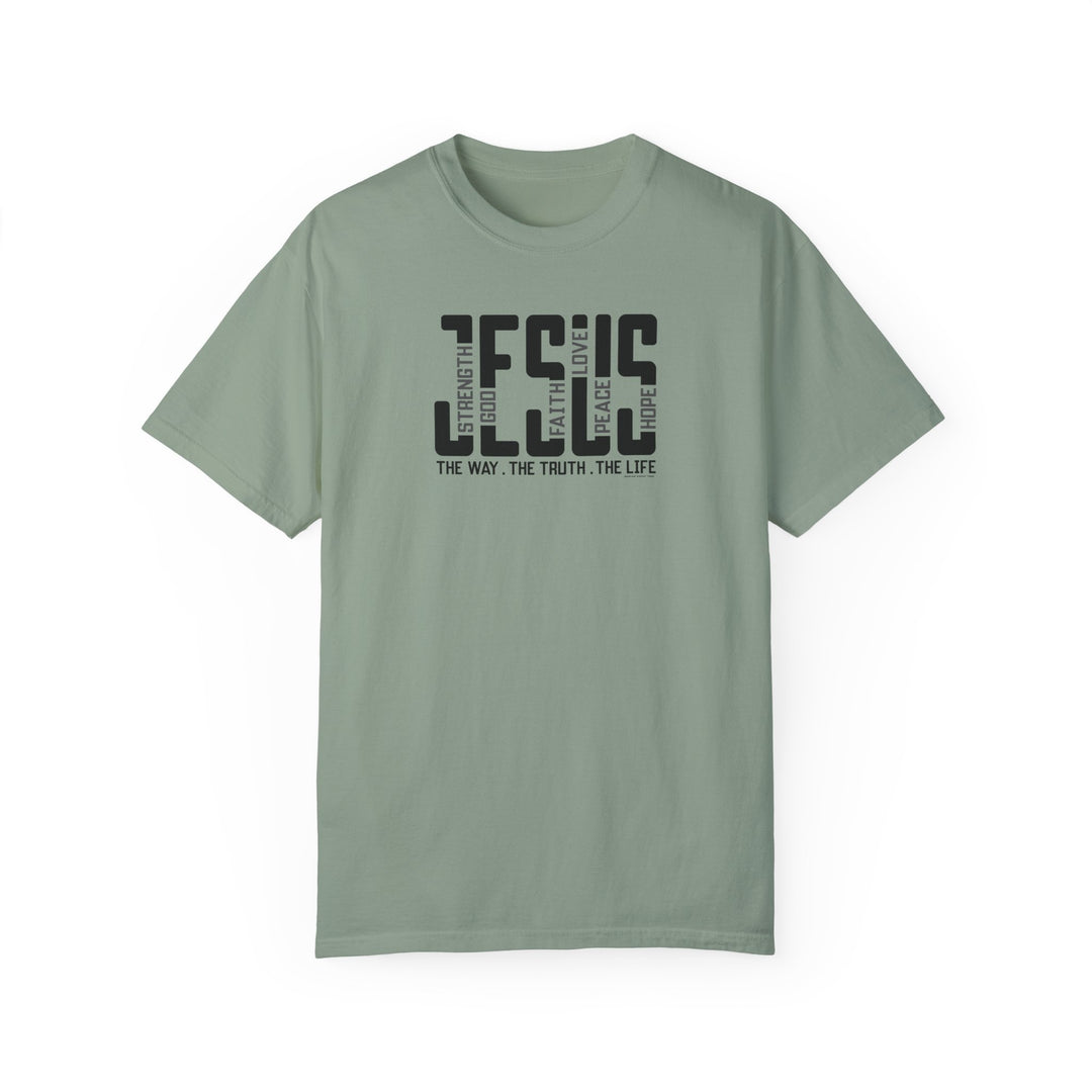 A relaxed fit Jesus Tee made of 100% ring-spun cotton, featuring double-needle stitching for durability and a seamless design for a tubular shape. Ideal for daily wear, this garment-dyed t-shirt offers cozy comfort.