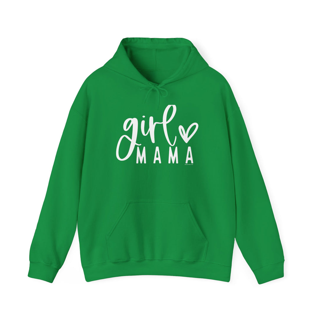 A green Girl Mama Hoodie, a cozy unisex sweatshirt with kangaroo pocket and matching drawstring, crafted from a cotton-polyester blend for warmth and comfort. Ideal for chilly days. Classic fit, tear-away label.