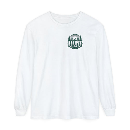 A Hunt Life Long Sleeve T-Shirt in white, featuring a deer and trees logo. Made of soft 100% ring-spun cotton with a relaxed fit for comfort. Ideal for casual wear.