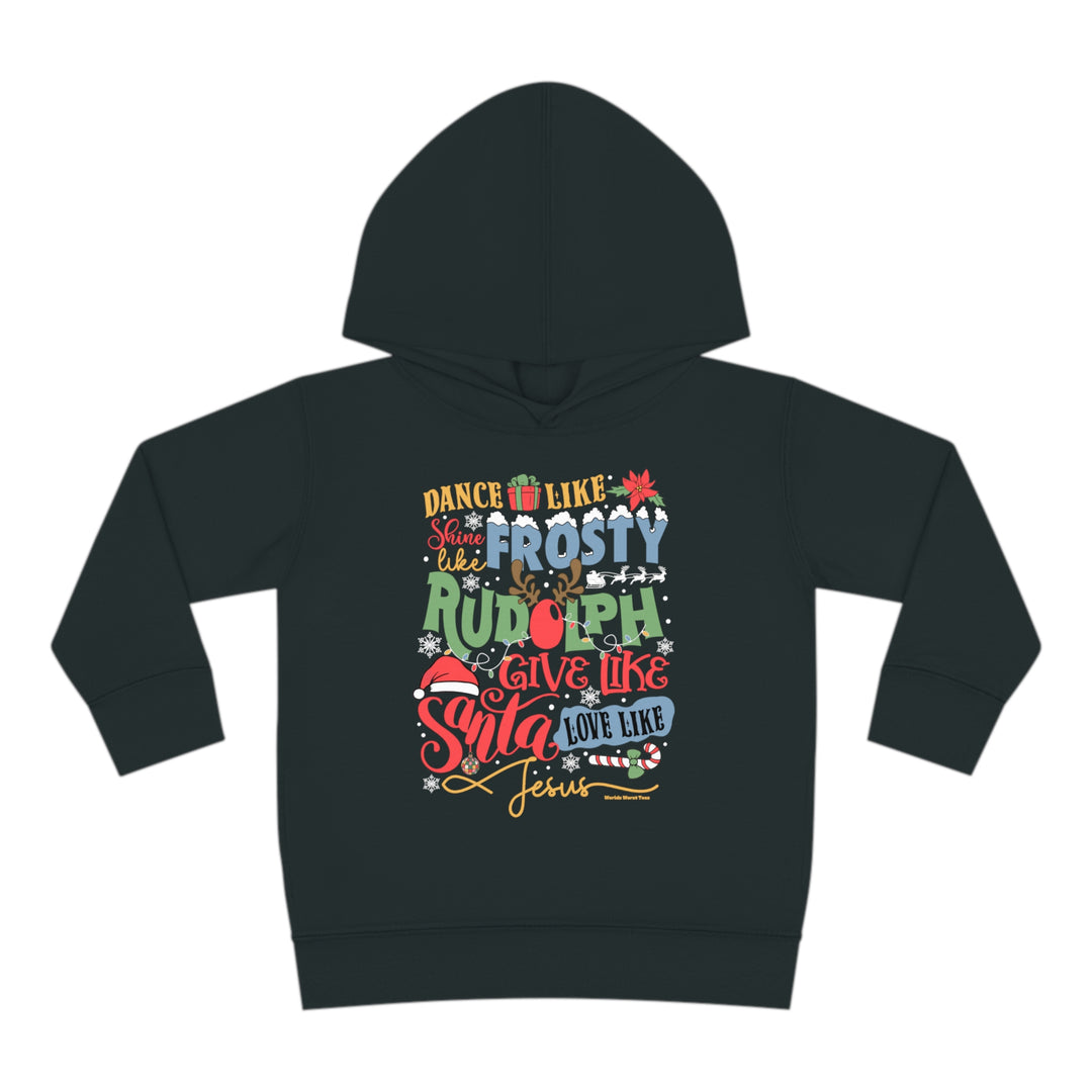 Toddler hoodie featuring Frosty Rudolph Santa Jesus design, jersey-lined hood, cover-stitched details, and side-seam pockets for comfort and durability. Made of 60% cotton, 40% polyester blend. From Worlds Worst Tees.