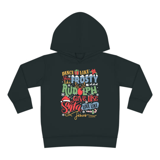 Toddler hoodie featuring Frosty Rudolph Santa Jesus design, jersey-lined hood, cover-stitched details, and side-seam pockets for comfort and durability. Made of 60% cotton, 40% polyester blend. From Worlds Worst Tees.