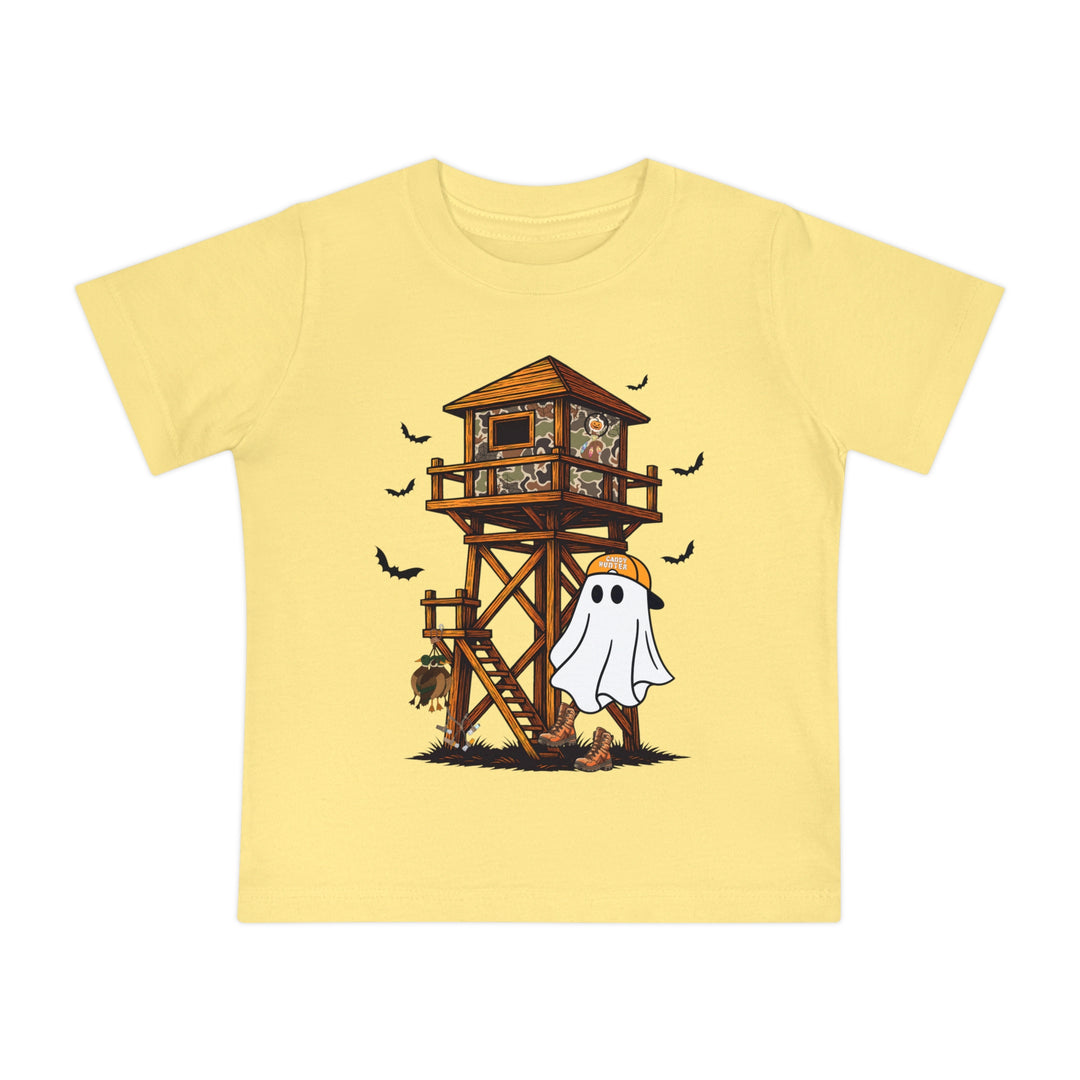 Ghost Hunter Baby Tee featuring a cartoon ghost in a hunting stand, with a deer carcass and bats, on a pale-yellow, soft, durable children's T-shirt.