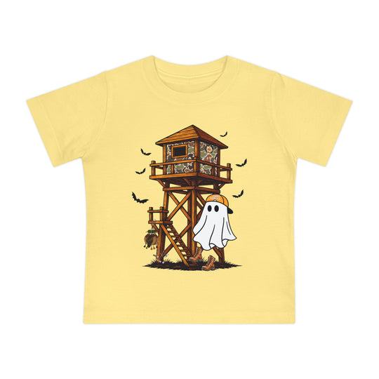 Ghost Hunter Baby Tee featuring a cartoon ghost in a hunting stand, with a deer carcass and bats, on a pale-yellow, soft, durable children's T-shirt.