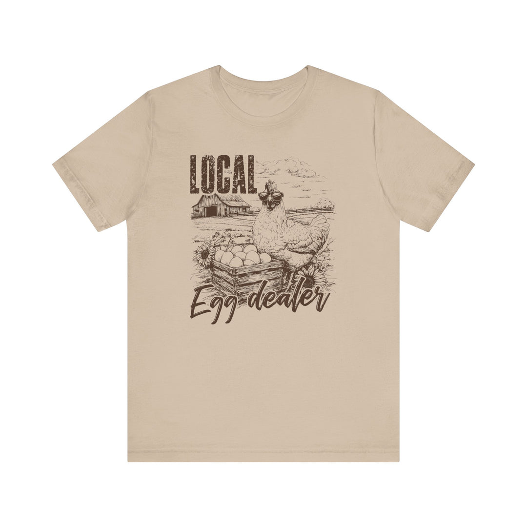 Local Egg Dealer Tee, a classic unisex jersey shirt with soft cotton, ribbed knit collars, and tapered shoulders for a comfortable, stylish fit.