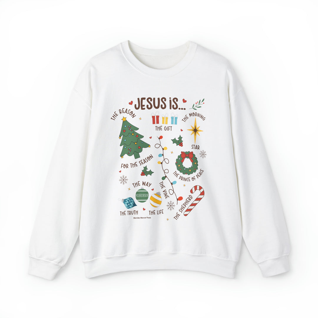 Unisex heavy blend crewneck sweatshirt featuring a Christmas-themed design with symbols like a tree, stars, and candy canes. Comfortable polyester-cotton fabric, ribbed knit collar, no itchy seams. Title: Jesus is Christmas Crew.