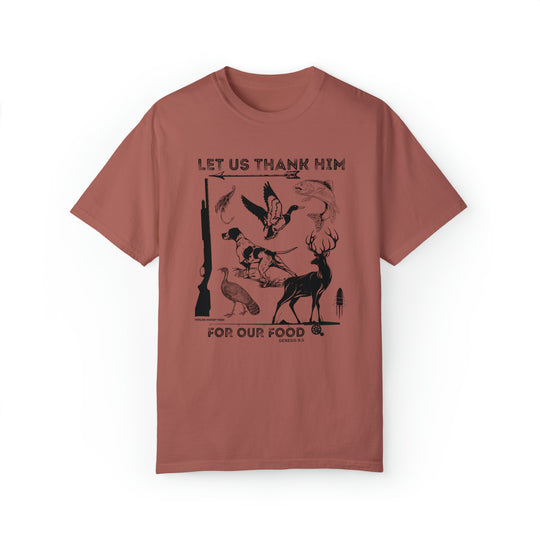 A red t-shirt featuring a graphic design of animals and birds, embodying comfort and style. Unisex Let Us Thank Him For Our Food Tee made of 80% ring-spun cotton and 20% polyester.