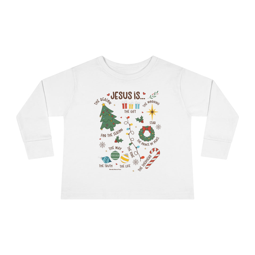 A custom toddler long-sleeve tee featuring a design with words, perfect for the holidays. Made of 100% combed ringspun cotton, with topstitched ribbed collar for durability and comfort. From Worlds Worst Tees.