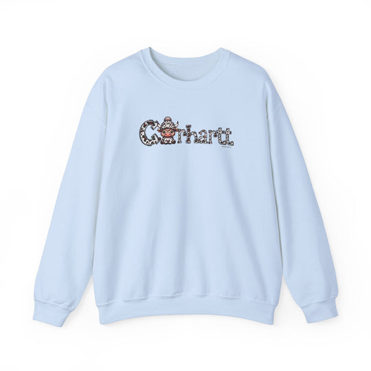 A cozy Cowhartt Cow Crew unisex sweatshirt with a cartoon cow design on a blue background. Made of 50% cotton and 50% polyester, featuring ribbed knit collar and a loose fit.
