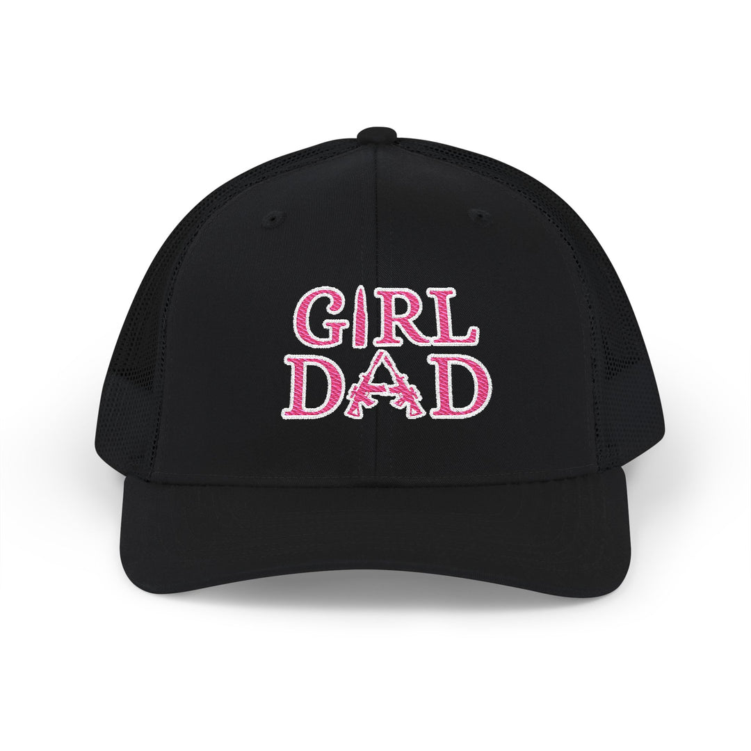 Girl Dad Snapback Trucker Cap with pink text, featuring a mid-profile fit, pre-curved visor, and adjustable snap closure for comfort and style.