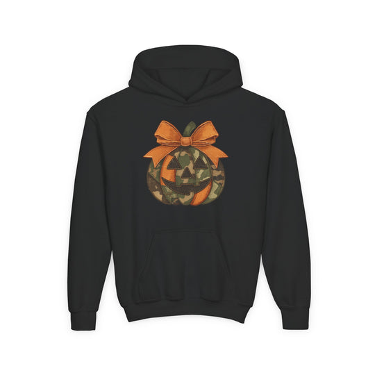 Jackie O Youth Hoodie with a camo-patterned jack-o’-lantern graphic, orange bow, and kangaroo pocket, made from ultra-soft fleece blend.