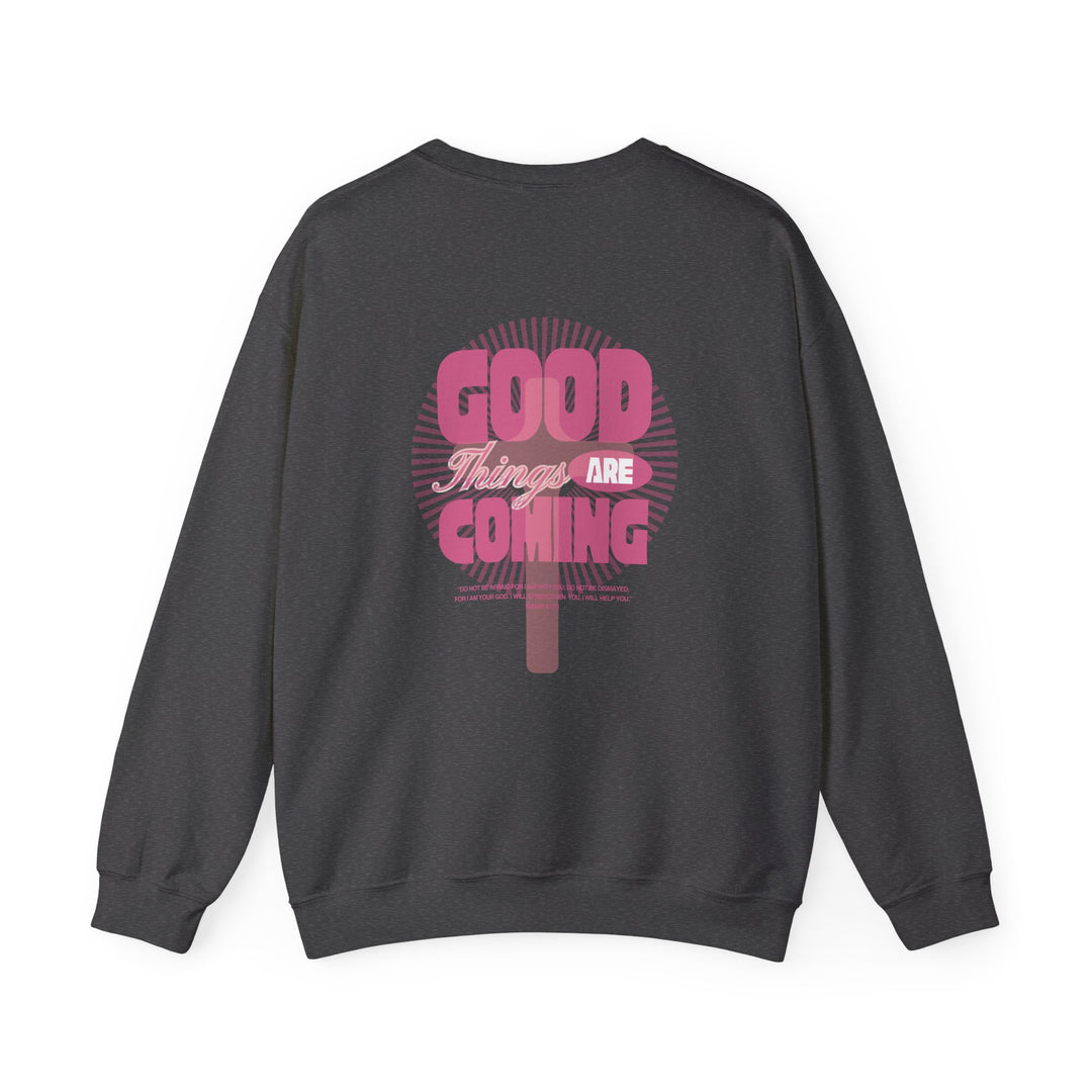 Good Things are Coming Crew sweatshirt, a unisex, medium-heavy blend, crewneck with ribbed knit collar, offering comfort and durability, ideal for cooler months.
