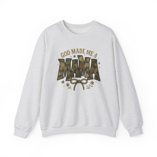 Light-heather-gray crewneck sweatshirt with GOD MADE ME A MAMA graphic, featuring camouflage MAMA and floral accents, offering comfort and durability with sustainable materials.