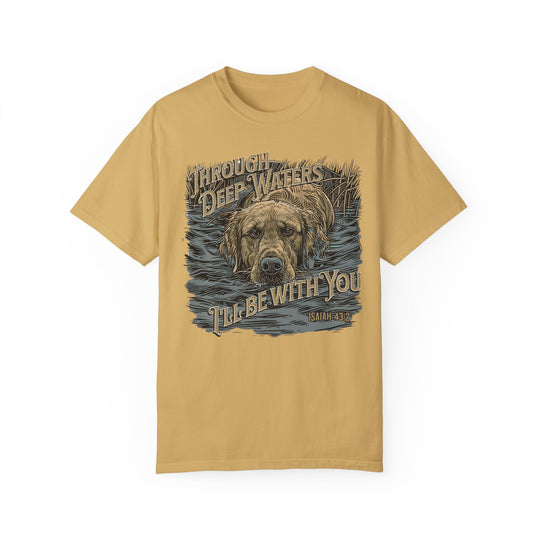 A relaxed fit Through Deep Waters Hunting Tee, featuring a dog design on a garment-dyed shirt. Made of 100% ring-spun cotton for coziness and durability, with double-needle stitching for longevity.
