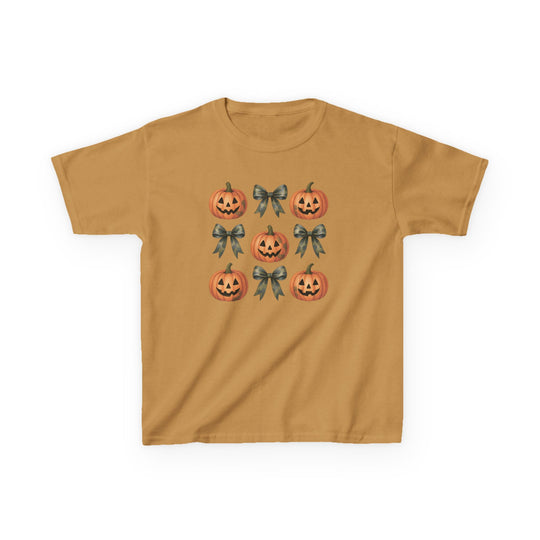 Jack and Bow Kids Tee features a mustard hue with a 3x3 grid of cheerful jack-o'-lanterns and muted greenish-gray bows, ideal for everyday wear.