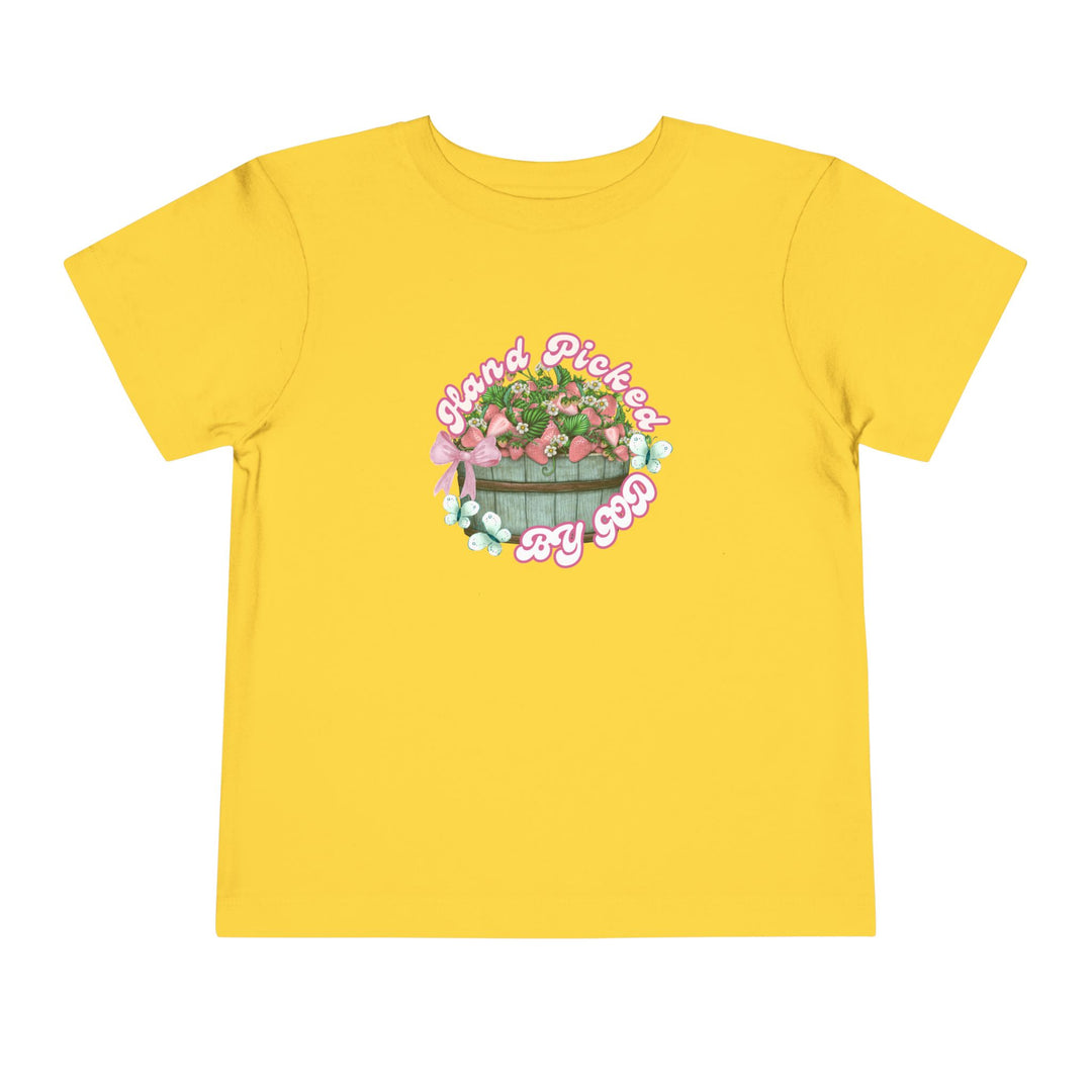 Hand Picked by GOD Toddler Tee; a comfy, short sleeve Bella Canvas shirt for toddlers, made from 100% Airlume combed and ring-spun cotton with a tear-away label.