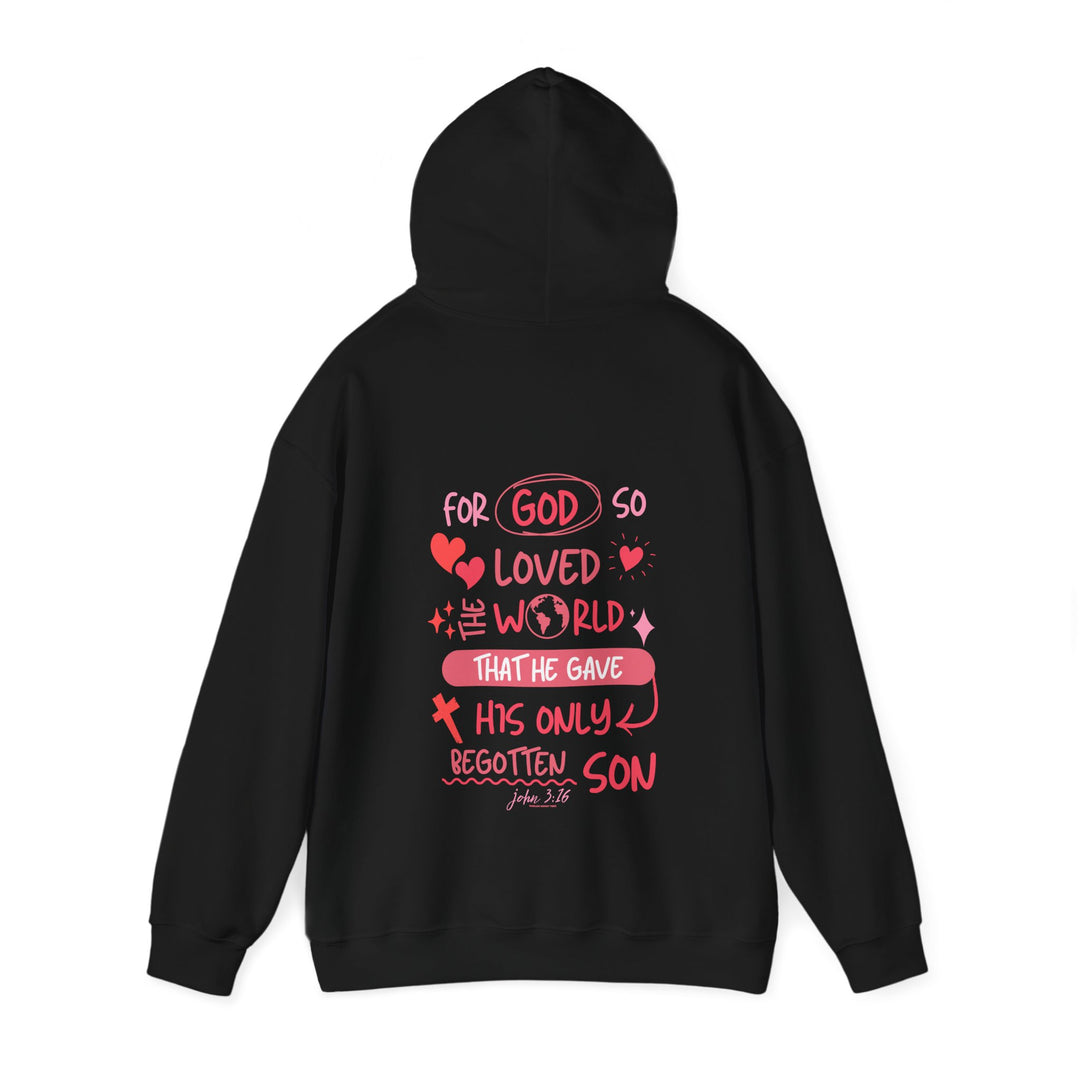 Unisex John 3:16 Hoodie, black with red text, cotton-polyester blend, kangaroo pocket, drawstring hood, medium-heavy fabric, tear-away label, classic fit, true to size.