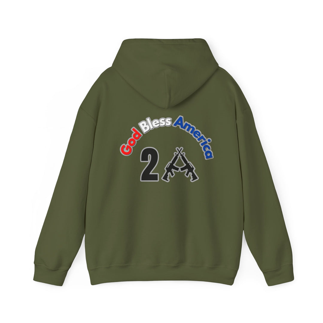 A heavy blend hooded sweatshirt featuring a logo with two guns, ideal for relaxation. Made of 50% cotton and 50% polyester, with a kangaroo pocket and drawstring hood. From Worlds Worst Tees.