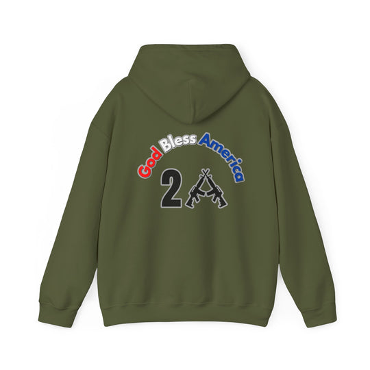 A heavy blend hooded sweatshirt featuring a logo with two guns, ideal for relaxation. Made of 50% cotton and 50% polyester, with a kangaroo pocket and drawstring hood. From Worlds Worst Tees.