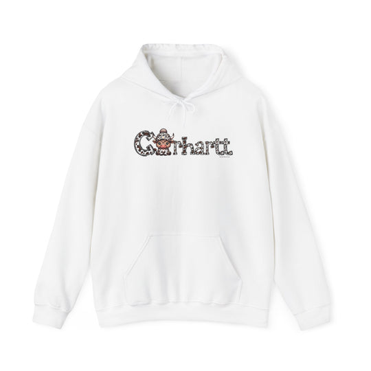 A white Cowhartt Cow Hoodie, a blend of cotton and polyester, with a cow logo. Heavy fabric, kangaroo pocket, classic fit. Ideal for warmth and printing.