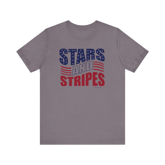 A unisex jersey tee featuring a grey base with red and blue text, and a blue and white star logo. Made of 100% Airlume combed cotton, with ribbed knit collars and tear-away label. Stars and Stripes Tee by Worlds Worst Tees.