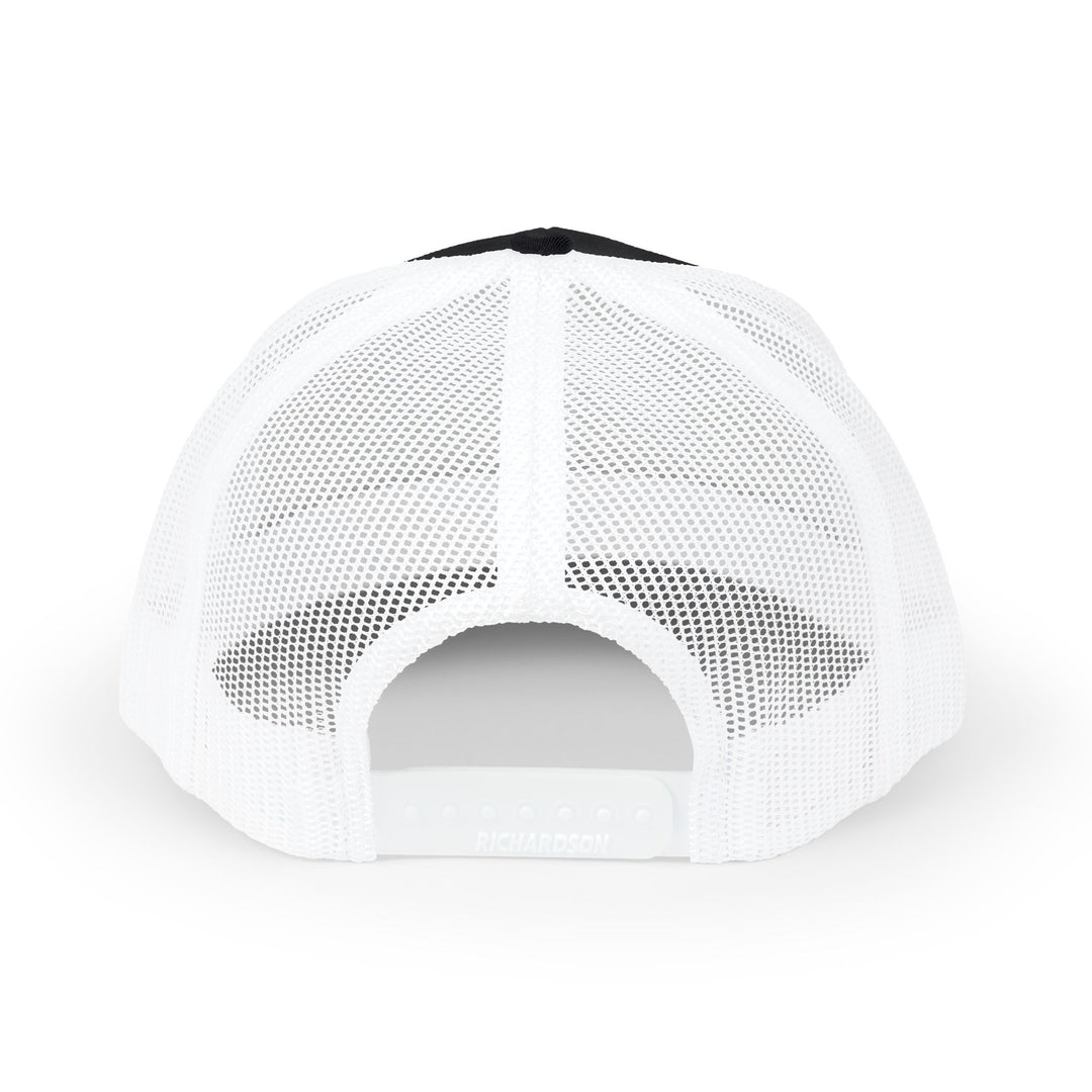 John 3:16 Snapback Trucker Cap (Embroidery), rear view, featuring white mesh panels and an adjustable snap closure with “RICHARDSON” stamped, offering a casual, comfortable fit.