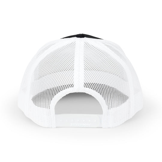 John 3:16 Snapback Trucker Cap (Embroidery), rear view, featuring white mesh panels and an adjustable snap closure with “RICHARDSON” stamped, offering a casual, comfortable fit.